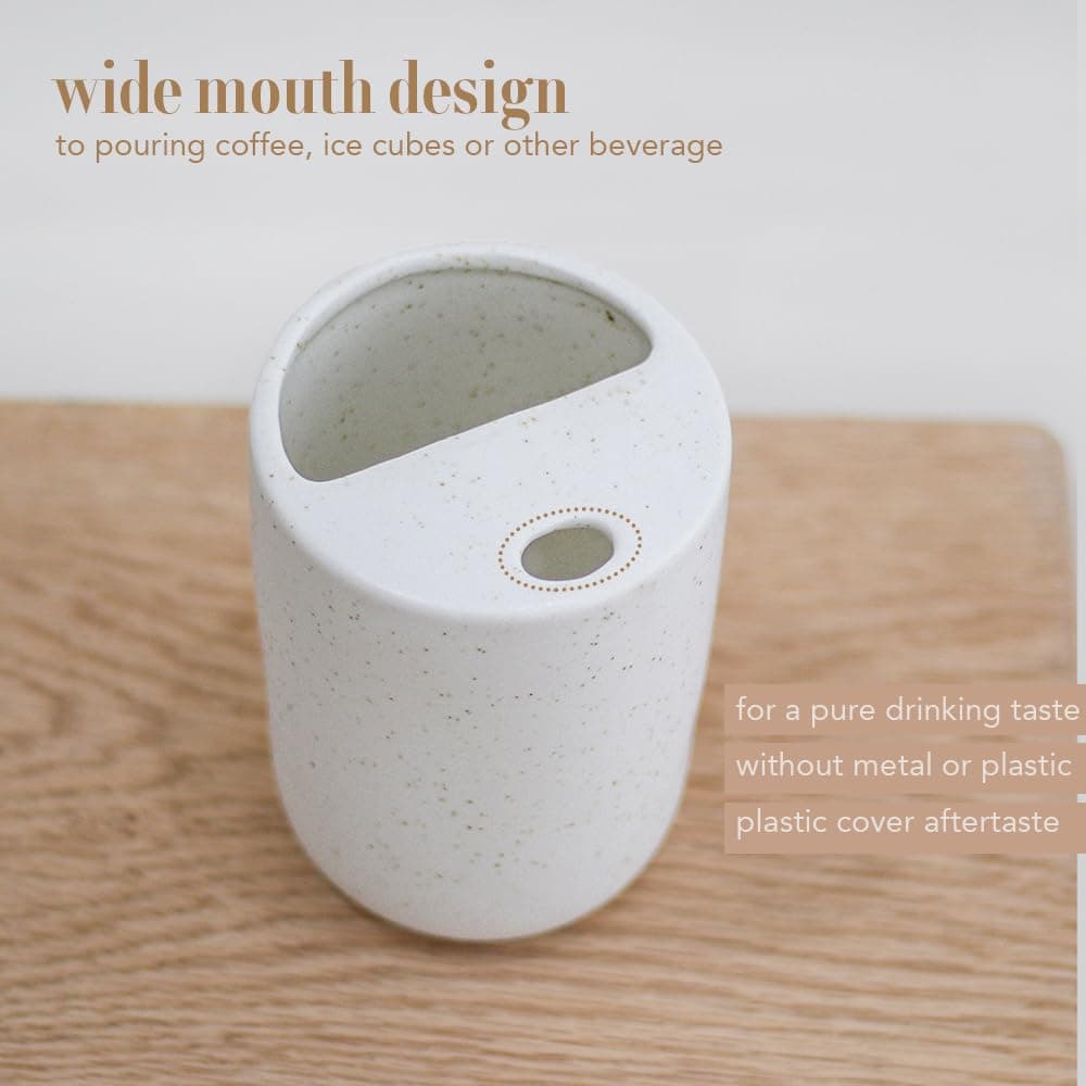 Handmade Ceramic Travel Coffee To Go Tumbler with Half Lid, 17oz Unique Tea Coffee Cup with Sip-top Lid, Speckle White thumbnail 2