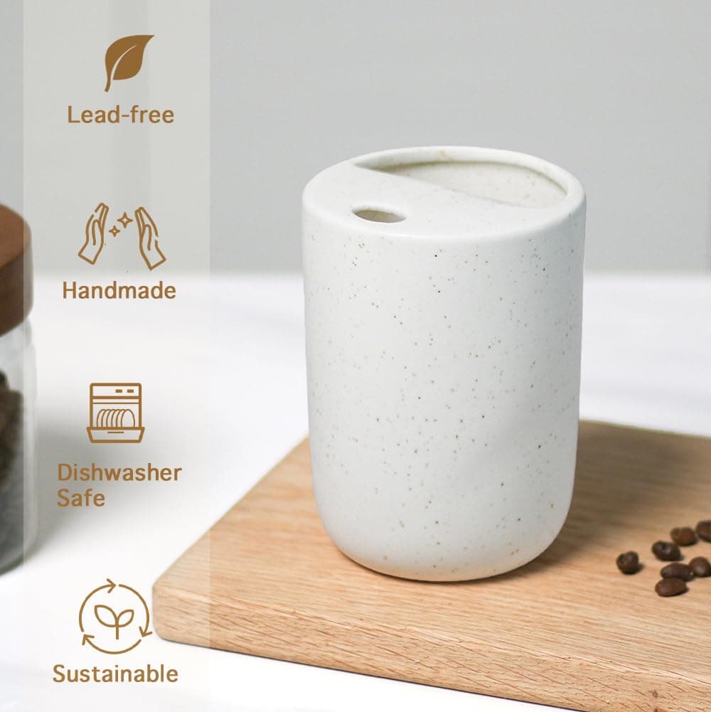 Handmade Ceramic Travel Coffee To Go Tumbler with Half Lid, 17oz Unique Tea Coffee Cup with Sip-top Lid, Speckle White thumbnail 4
