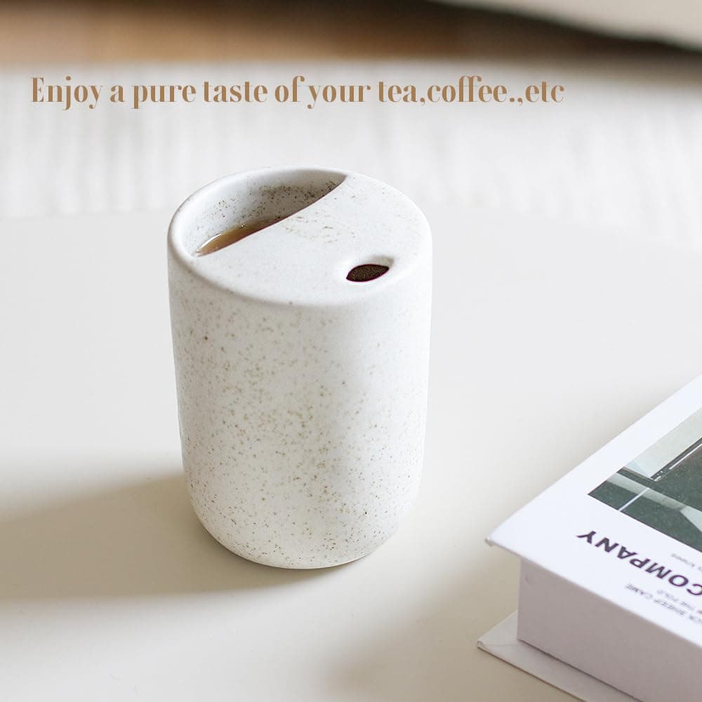 Handmade Ceramic Travel Coffee To Go Tumbler with Half Lid, 17oz Unique Tea Coffee Cup with Sip-top Lid, Speckle White thumbnail 5