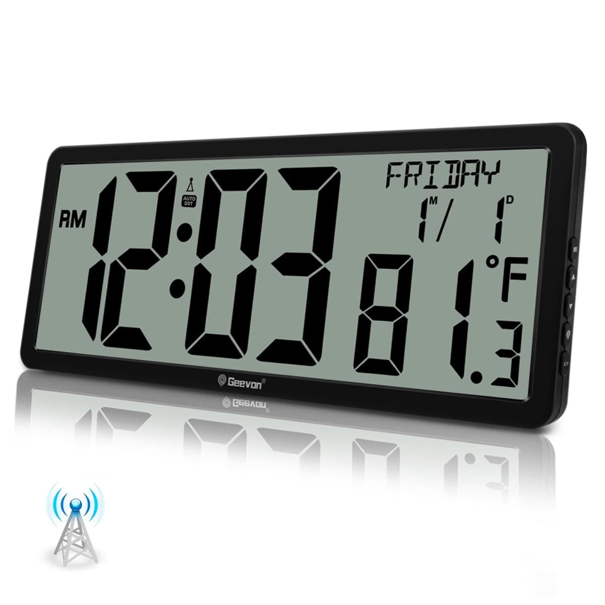 Geevon 14.3" Atomic Clock Battery Operated, Auto-Set Large Atomic Digital Wall Clock with Temperature,Date,4.4" Jumbo Digits for Home Office Elderly (Wall Mounted/Tabletop) Living Room, Dining Room