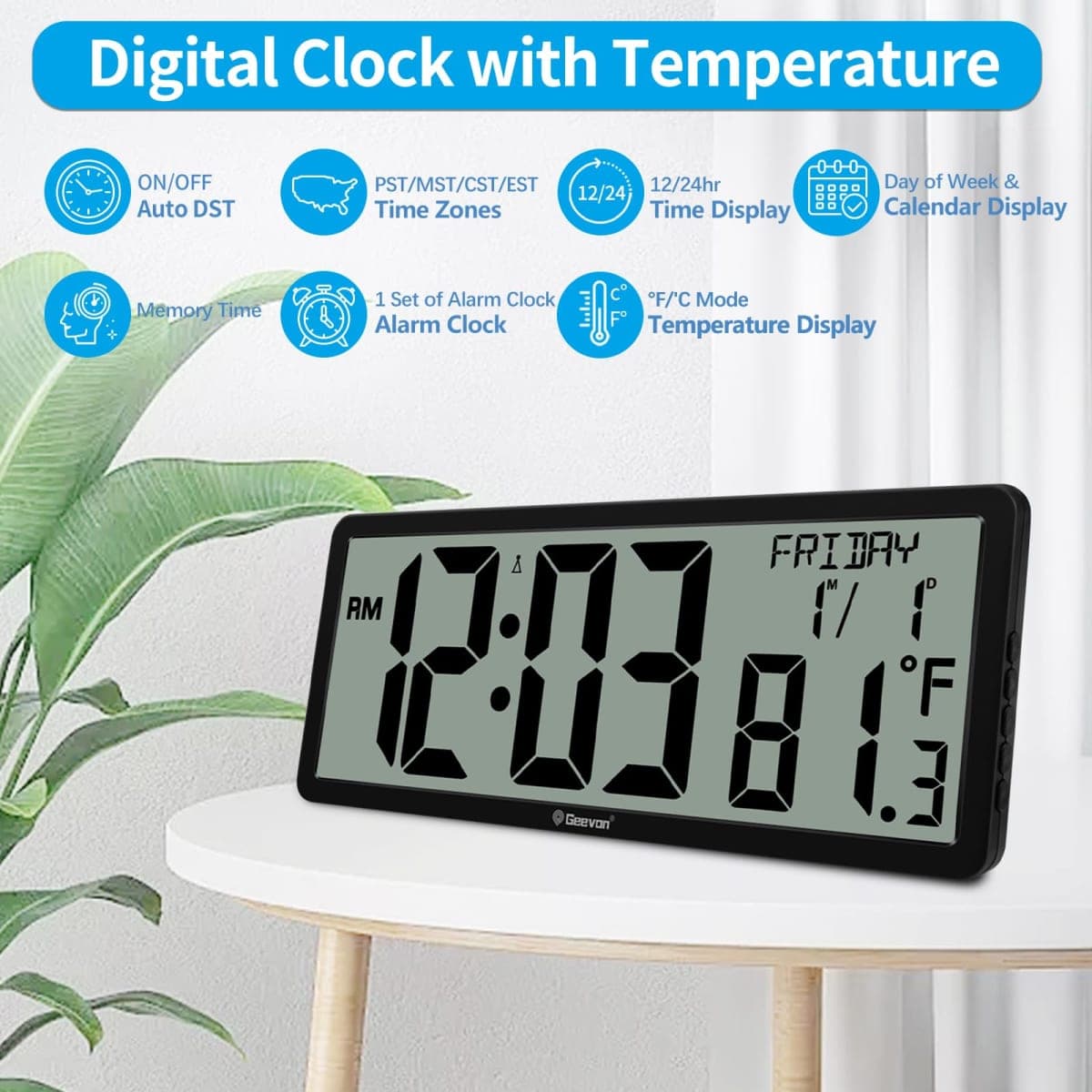 Geevon 14.3" Atomic Clock Battery Operated, Auto-Set Large Atomic Digital Wall Clock with Temperature,Date,4.4" Jumbo Digits for Home Office Elderly (Wall Mounted/Tabletop) Living Room, Dining Room thumbnail 2