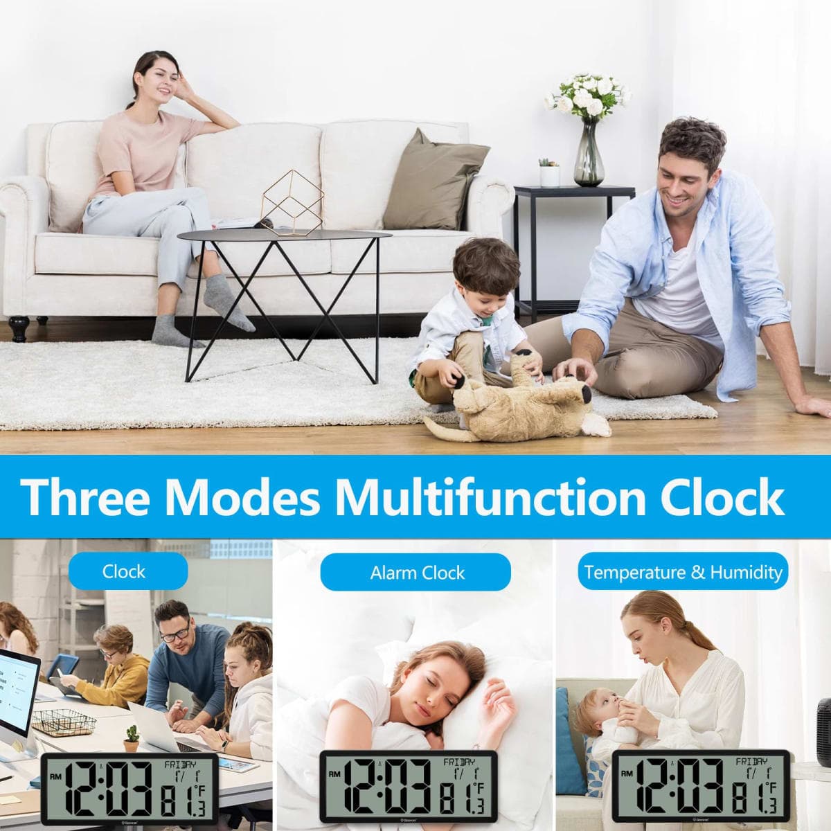 Geevon 14.3" Atomic Clock Battery Operated, Auto-Set Large Atomic Digital Wall Clock with Temperature,Date,4.4" Jumbo Digits for Home Office Elderly (Wall Mounted/Tabletop) Living Room, Dining Room thumbnail 4