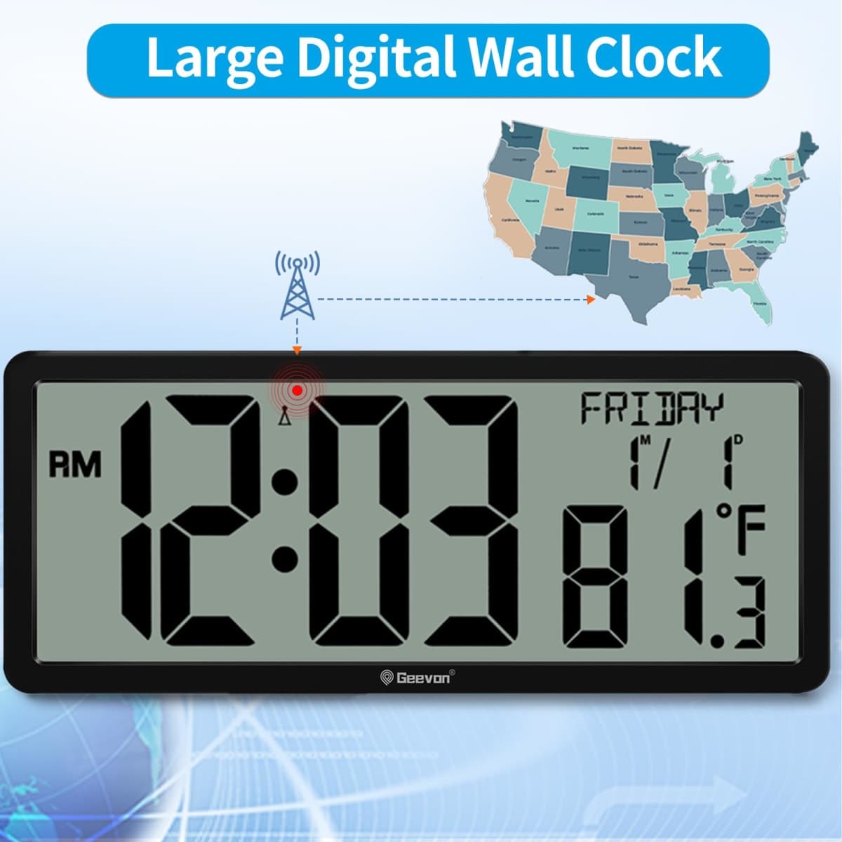 Geevon 14.3" Atomic Clock Battery Operated, Auto-Set Large Atomic Digital Wall Clock with Temperature,Date,4.4" Jumbo Digits for Home Office Elderly (Wall Mounted/Tabletop) Living Room, Dining Room thumbnail 5