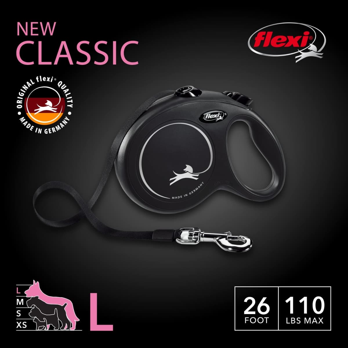 FLEXI New Classic Retractable Dog Leash (Tape) 26 feet, Large, Black thumbnail 2