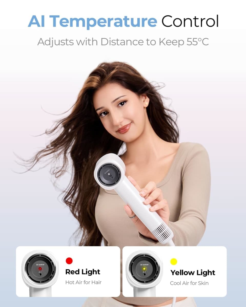 Funflow AI Smart Sensor Hair Dryer, 5 Modes with AI Control Automatic Hot & Cool Air Switch, Brushless Motor for Fast Drying, Lightweight Ionic Blow Dryer Travel-Friendly & Scalp Protection thumbnail 3