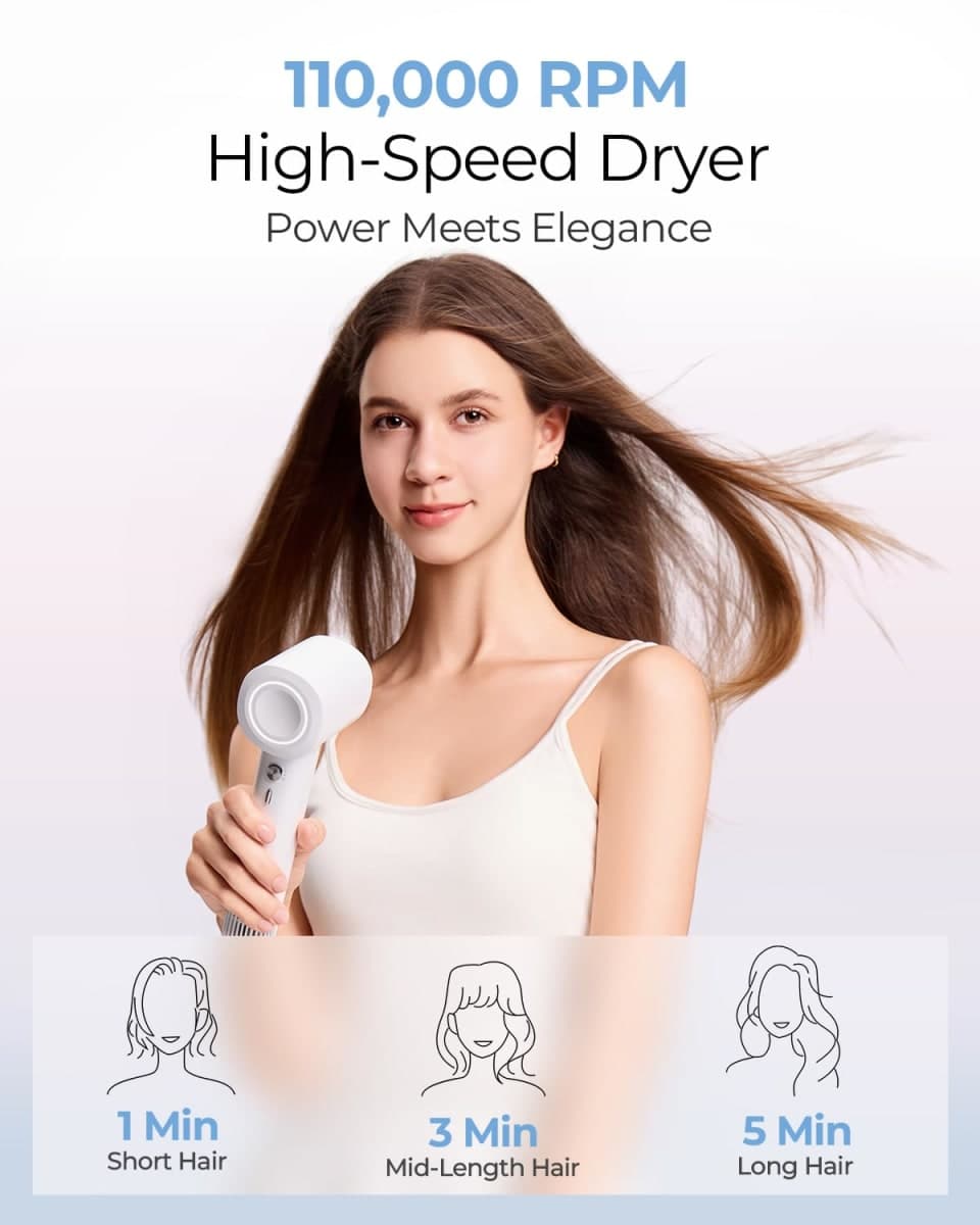 Funflow AI Smart Sensor Hair Dryer, 5 Modes with AI Control Automatic Hot & Cool Air Switch, Brushless Motor for Fast Drying, Lightweight Ionic Blow Dryer Travel-Friendly & Scalp Protection thumbnail 5