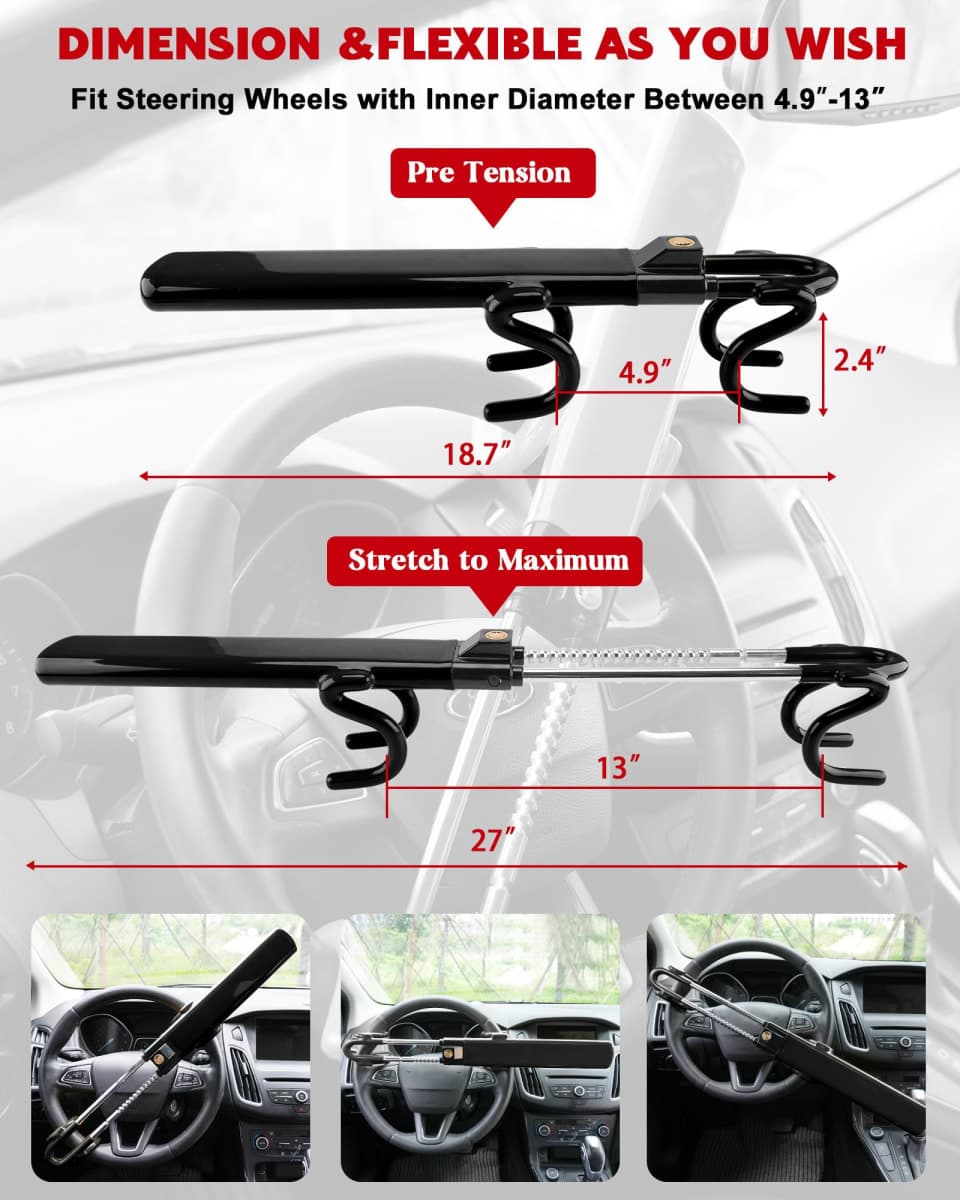 Tevlaphee Steering Wheel Lock Anti-Theft Car Device Heavy Duty Security Car Lock Antitheft Locking Devices Great Deterrent Adjustable Car Wheel Lock Anti Theft for Vehicle Truck with 3 Keys(Black) thumbnail 2