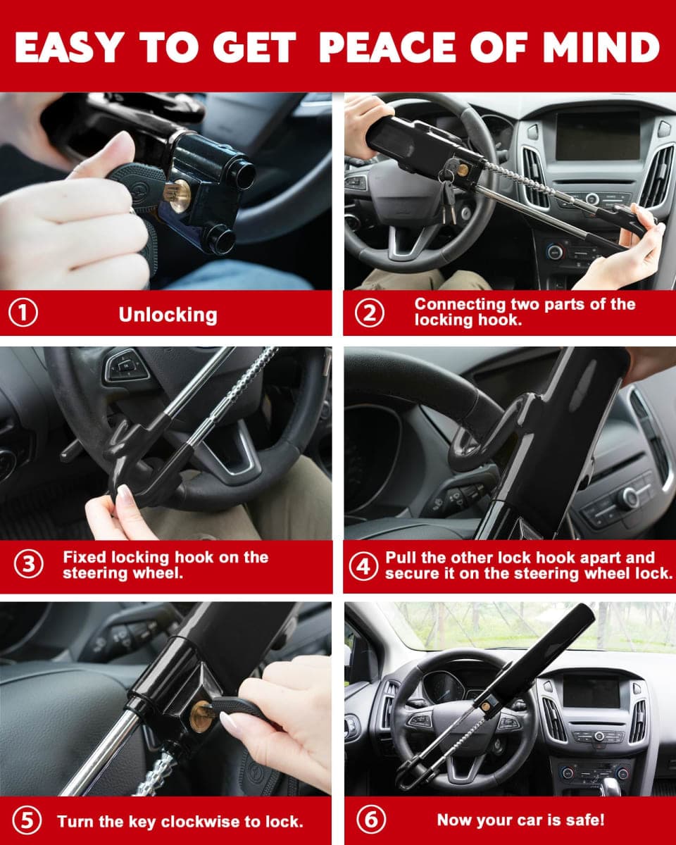 Tevlaphee Steering Wheel Lock Anti-Theft Car Device Heavy Duty Security Car Lock Antitheft Locking Devices Great Deterrent Adjustable Car Wheel Lock Anti Theft for Vehicle Truck with 3 Keys(Black) thumbnail 5