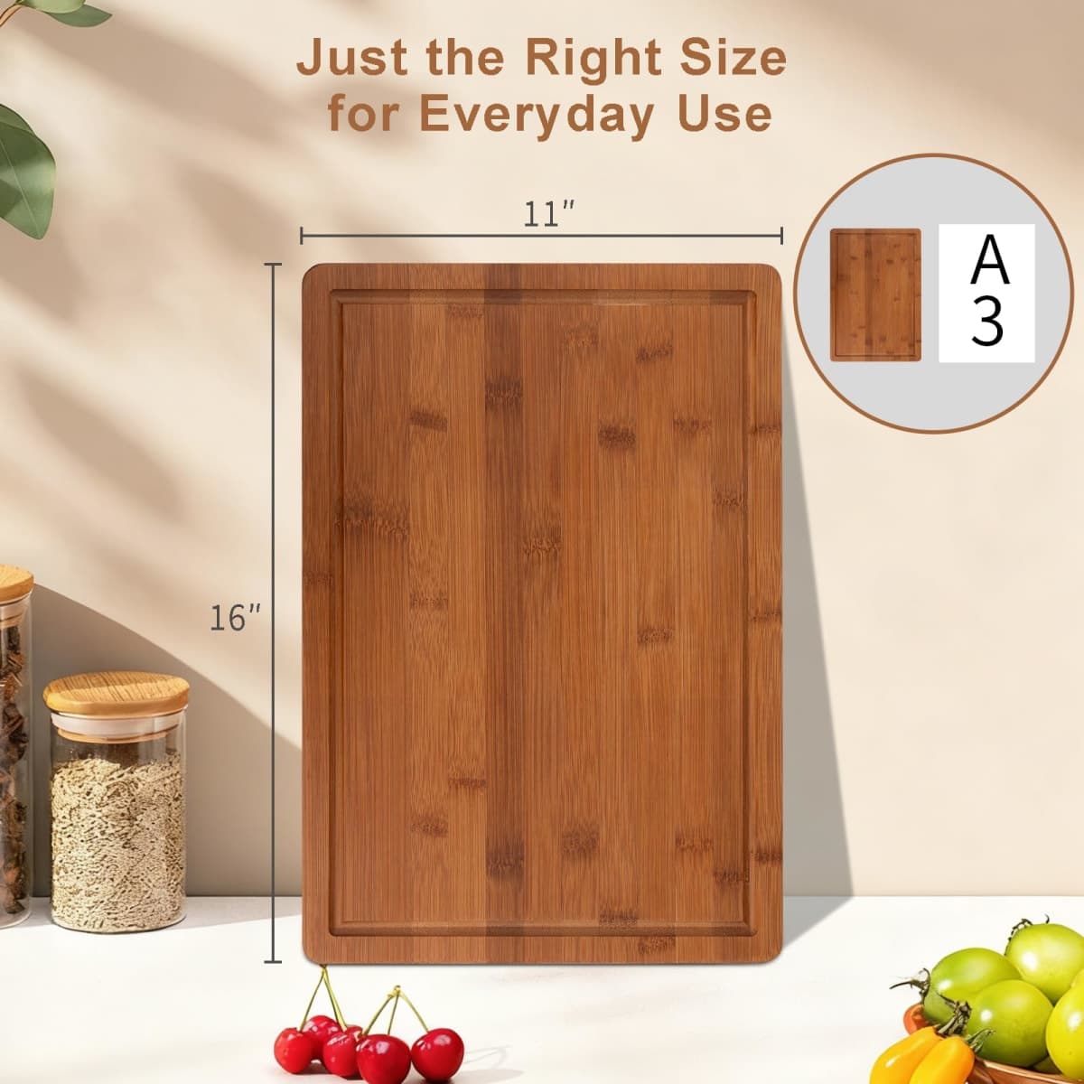 Tafopue Bamboo Cutting Board, Large Kitchen Chopping Board with Deep Juice Groove & Built-in Handle, Reversible Wooden Charcuterie Board and Serving Tray for Meat, Bread, Fruit, Daily Use, 16×11×0.6'' thumbnail 5