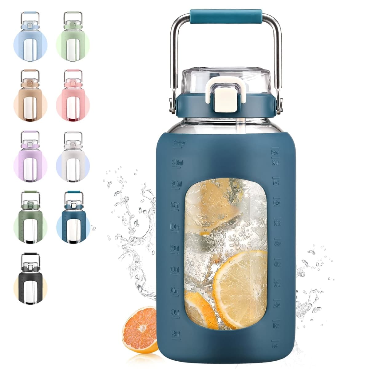 WINSA 84oz Glass Water Bottle with Stainless Steel Handle,2.5L Gallon Water Bottle with 2-IN-1 Straw Lid, Silicone Sleeve and Motivational Capacity Marker, Wide Mouth Water Jug For Gym, Dark Blue — image 1