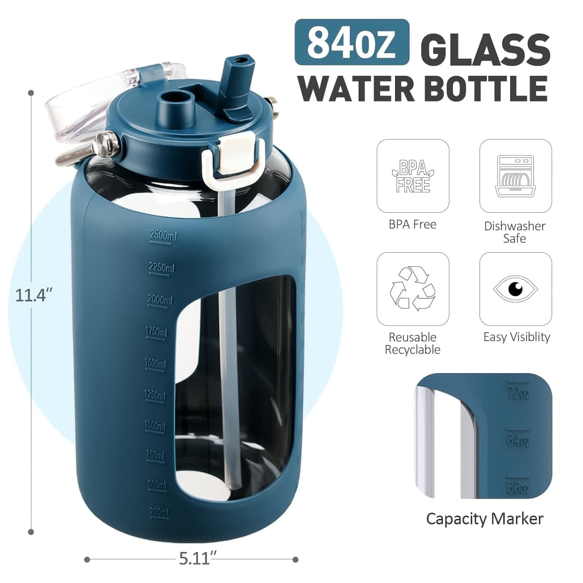 WINSA 84oz Glass Water Bottle with Stainless Steel Handle,2.5L Gallon Water Bottle with 2-IN-1 Straw Lid, Silicone Sleeve and Motivational Capacity Marker, Wide Mouth Water Jug For Gym, Dark Blue thumbnail 2