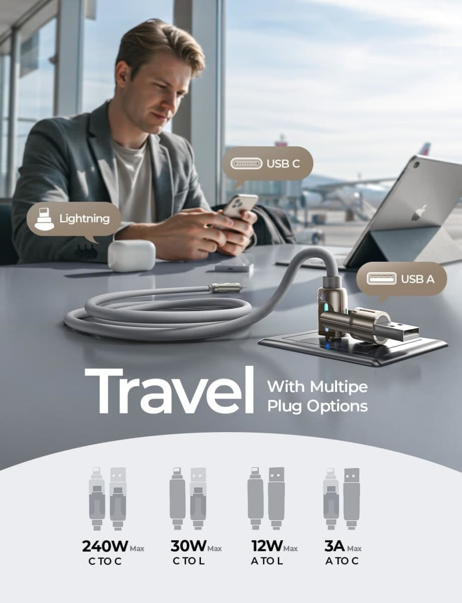 LISEN 4 in 1 USB Cable Fast Charging 240W, Soft Silicone USB C Cable Type C Cable Fast Charge, USBC to USBC Multi Charging Cable for iPhone 16e 16 15 14 Pro/MacBook/iPad/Samsung (Grey, 6.6ft) thumbnail 4