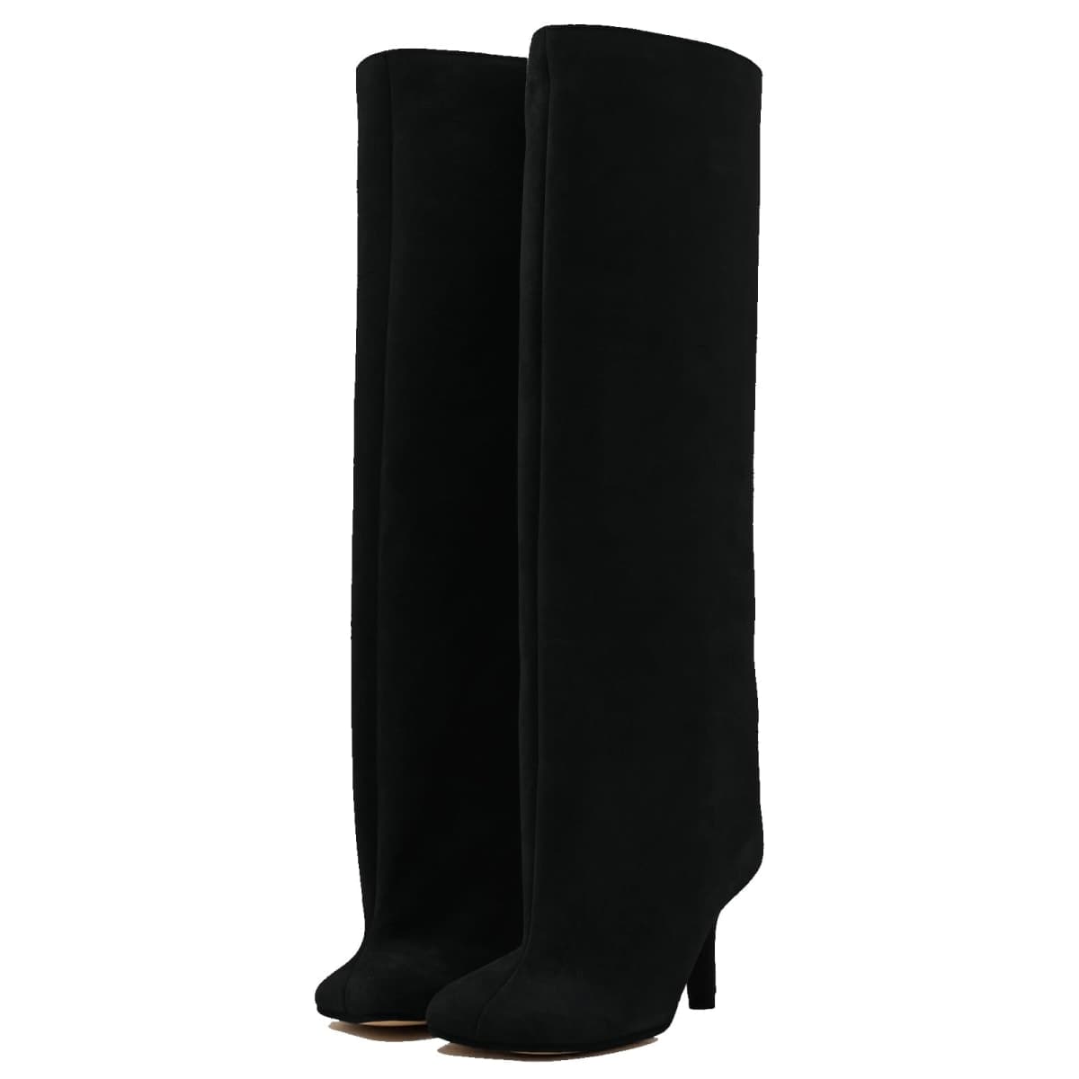 VOZTOLLS Women's Knee High Suede Boots for Women Wide Calf Square Toe Stiletto Heels Tall Boots Pull On High Heel Long Booties, Black, 7