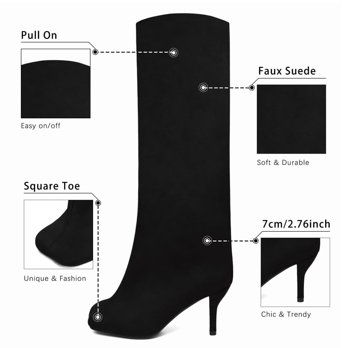 VOZTOLLS Women's Knee High Suede Boots for Women Wide Calf Square Toe Stiletto Heels Tall Boots Pull On High Heel Long Booties, Black, 7 thumbnail 5
