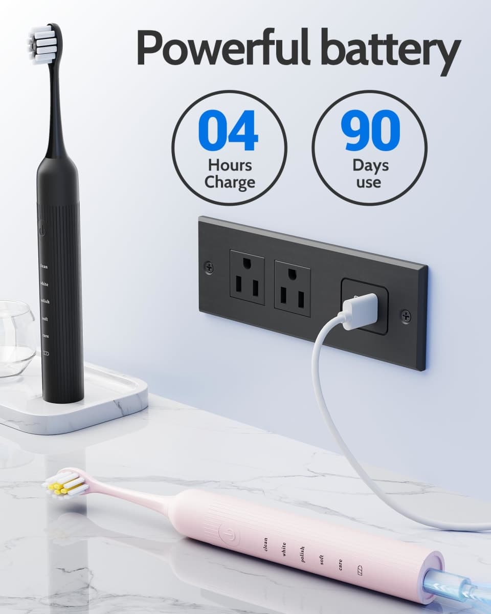 CindyLary 2 Pack Electric Toothbrush Set, Comes with 12 Brush Heads & 2 Electric Toothbrush,5 Modes with 2 Minutes Built in Smart Timer, One Charge for 60 Days, 38000 VPM Motor,Black and Pink. thumbnail 4