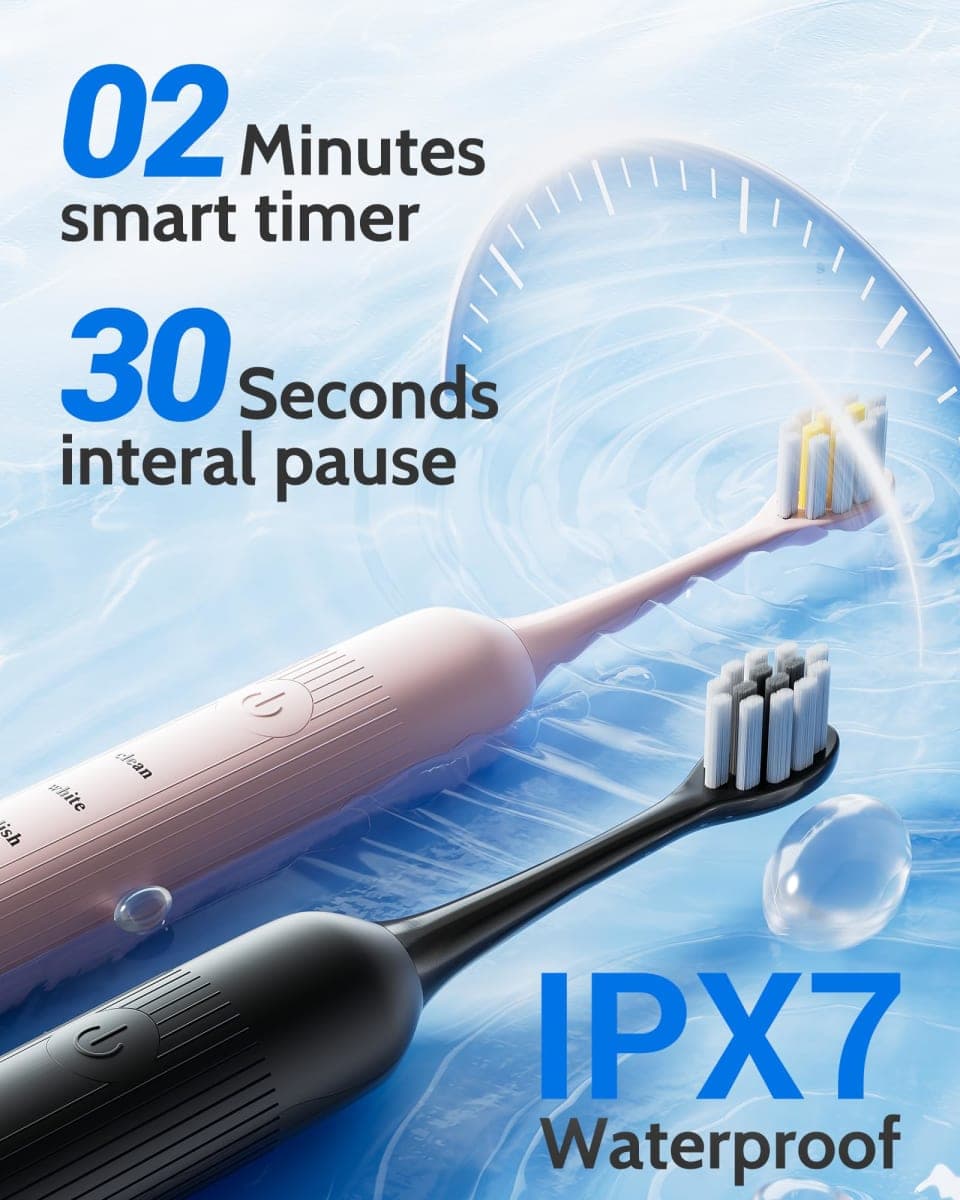 CindyLary 2 Pack Electric Toothbrush Set, Comes with 12 Brush Heads & 2 Electric Toothbrush,5 Modes with 2 Minutes Built in Smart Timer, One Charge for 60 Days, 38000 VPM Motor,Black and Pink. thumbnail 5