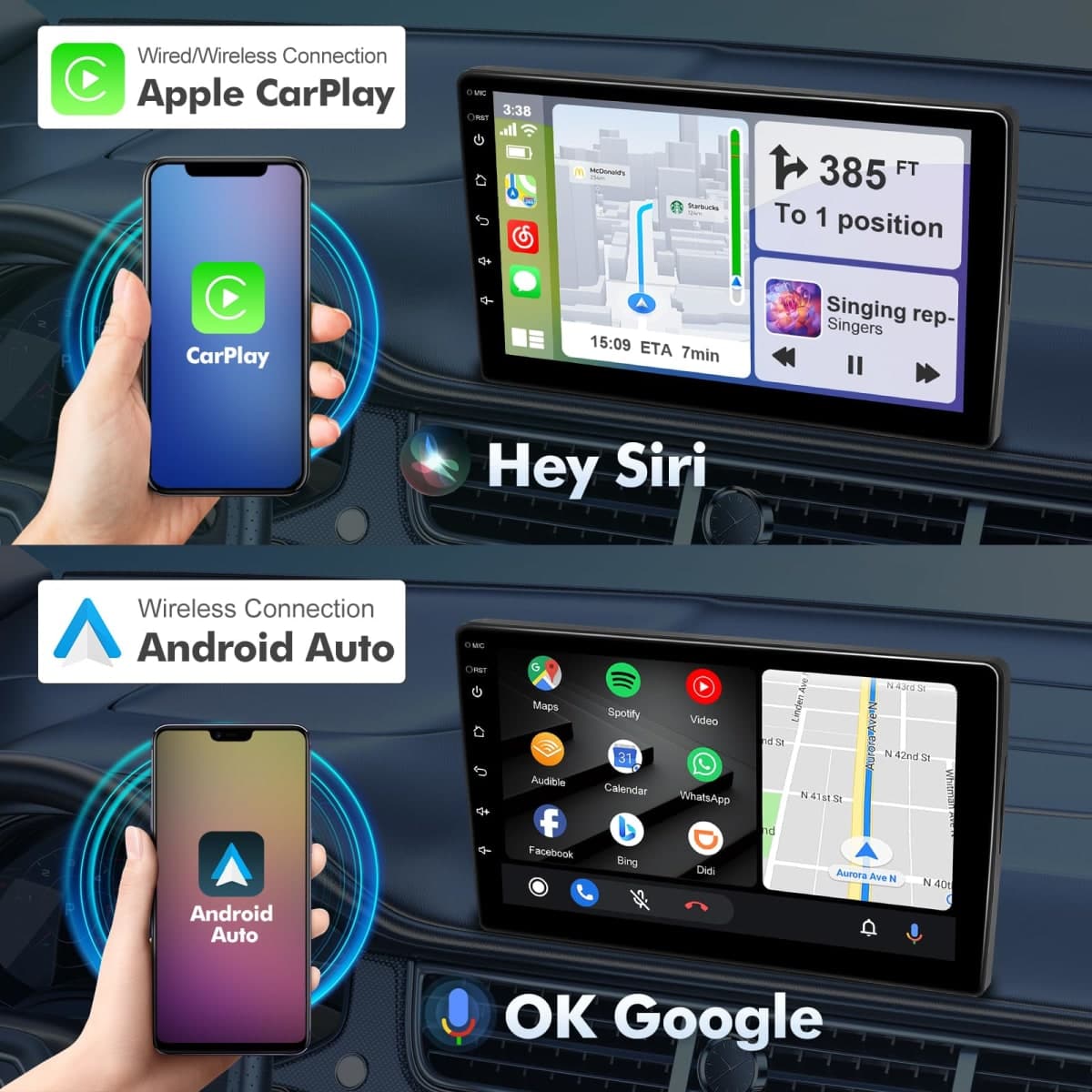 9 Inch IPS Touchscreen Android 14 Car Stereo for Ford Mustang 2015-2020 with Wireless CarPlay & Android Auto 2+64GB Car Radio, Support GPS, WiFi 6, Bluetooth,5.4, Backup Camera, SWC, Dual USB thumbnail 3