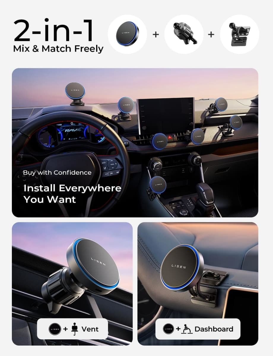 LISEN 15W for MagSafe Car Mount Charger【24 Strongest Magnets】 Phone Holder Car Magnetic Wireless Charger【360°】 Vent & Dashboard MagSafe Car Accessories Gifts Mom for iPhone 17 Pro 16 15 14 13 thumbnail 2