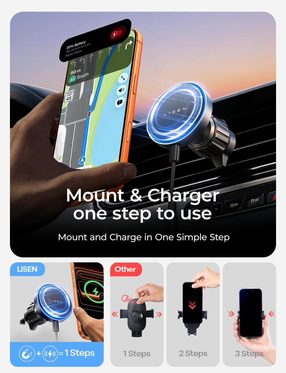 LISEN 15W for MagSafe Car Mount Charger【24 Strongest Magnets】 Phone Holder Car Magnetic Wireless Charger【360°】 Vent & Dashboard MagSafe Car Accessories Gifts Mom for iPhone 17 Pro 16 15 14 13 thumbnail 3