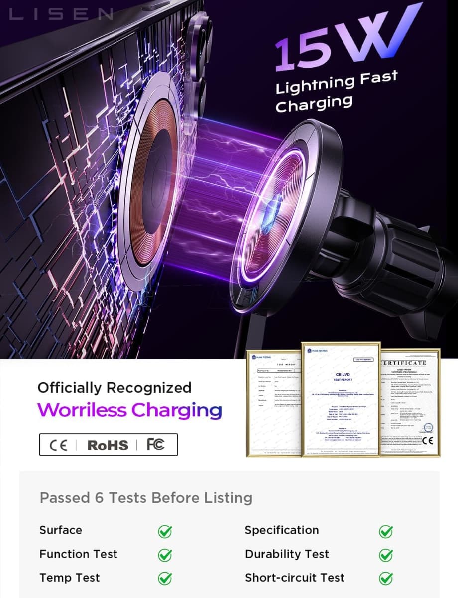 LISEN 15W for MagSafe Car Mount Charger【24 Strongest Magnets】 Phone Holder Car Magnetic Wireless Charger【360°】 Vent & Dashboard MagSafe Car Accessories Gifts Mom for iPhone 17 Pro 16 15 14 13 thumbnail 4