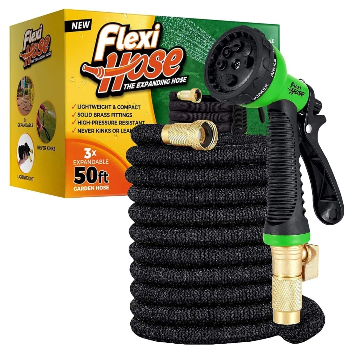 Flexi Hose with 8 Function Nozzle, 100FT - Lightweight Expandable Garden Hose, No-Kink Flexibility, 3/4 Inch Solid Brass Fittings and Double Latex Core