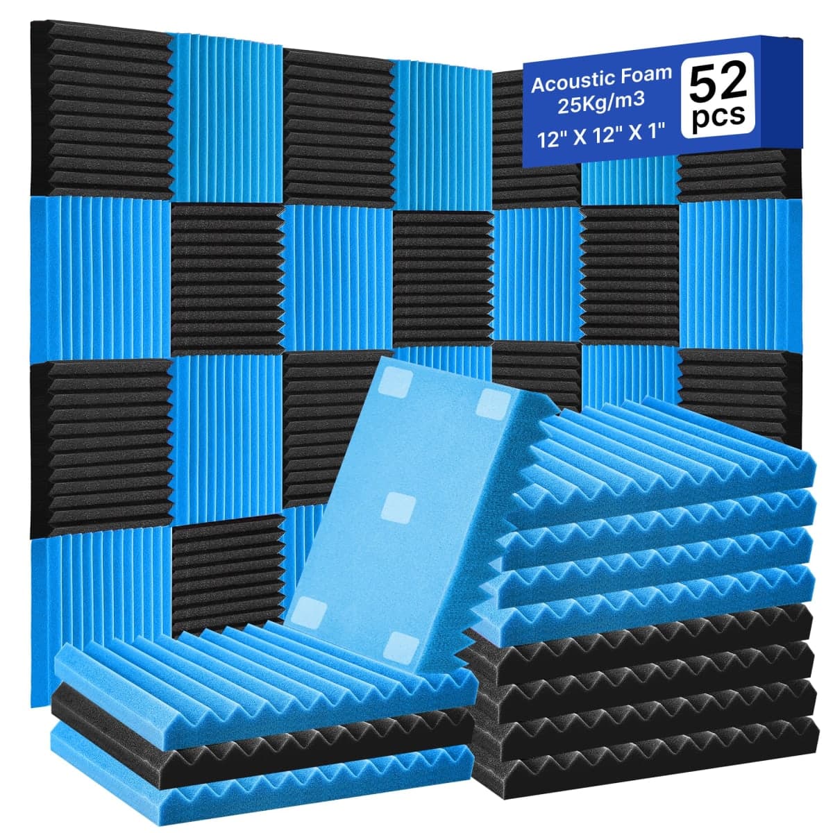 HJGFK2018 52 Pack Acoustic Foam Panels,1" x 12" x 12" Black/BLUE Acoustic Wedge Studio Foam Sound Absorption Wall Panels
