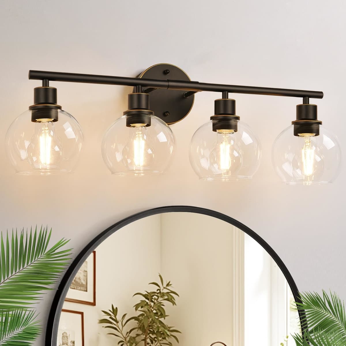 Indoi 4-Light Bathroom Light Fixtures, Oil Rubbed Bronze Bathroom Lights Over Mirror with Clear Glass Globe Shade, Vanity Lights for Bathroom Kitchen Living Room Hallway Cabinet Bedroom Porch