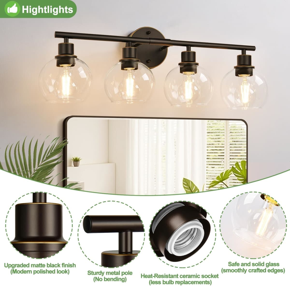 Indoi 4-Light Bathroom Light Fixtures, Oil Rubbed Bronze Bathroom Lights Over Mirror with Clear Glass Globe Shade, Vanity Lights for Bathroom Kitchen Living Room Hallway Cabinet Bedroom Porch thumbnail 3
