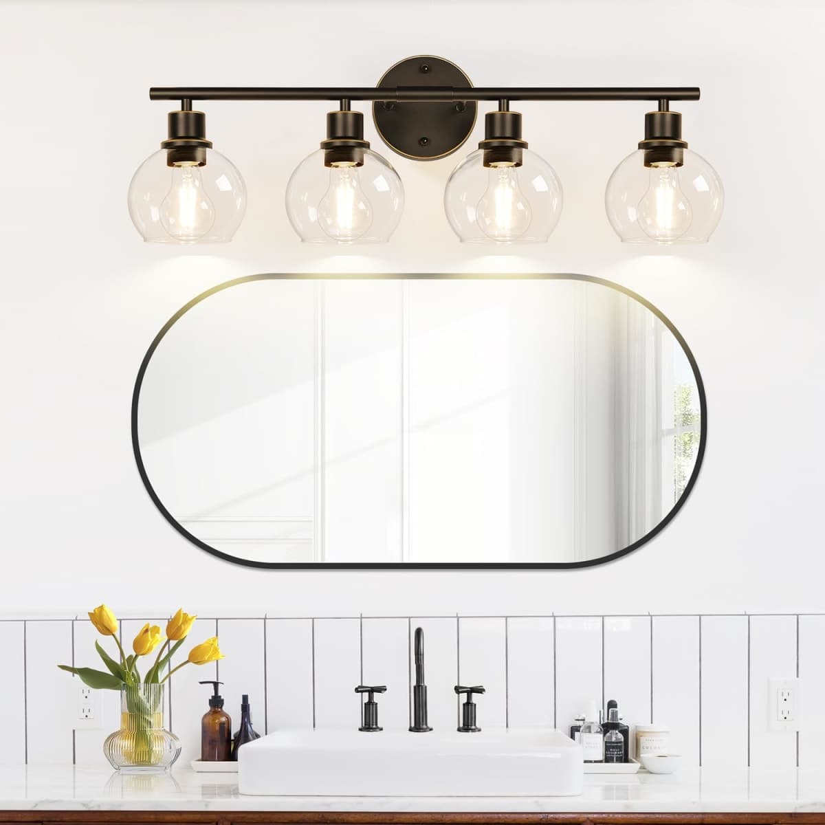 Indoi 4-Light Bathroom Light Fixtures, Oil Rubbed Bronze Bathroom Lights Over Mirror with Clear Glass Globe Shade, Vanity Lights for Bathroom Kitchen Living Room Hallway Cabinet Bedroom Porch thumbnail 5