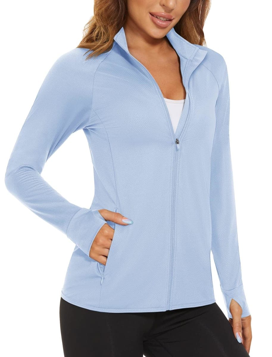 MAGCOMSEN Women's UPF 50+ Athletic Jackets Zip Up Lightweight Sun Protection Shirts with Thumb Holes Workout Pale Blue XL