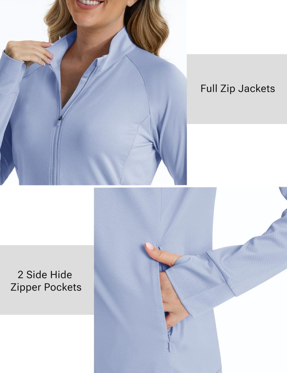 MAGCOMSEN Women's UPF 50+ Athletic Jackets Zip Up Lightweight Sun Protection Shirts with Thumb Holes Workout Pale Blue XL thumbnail 2