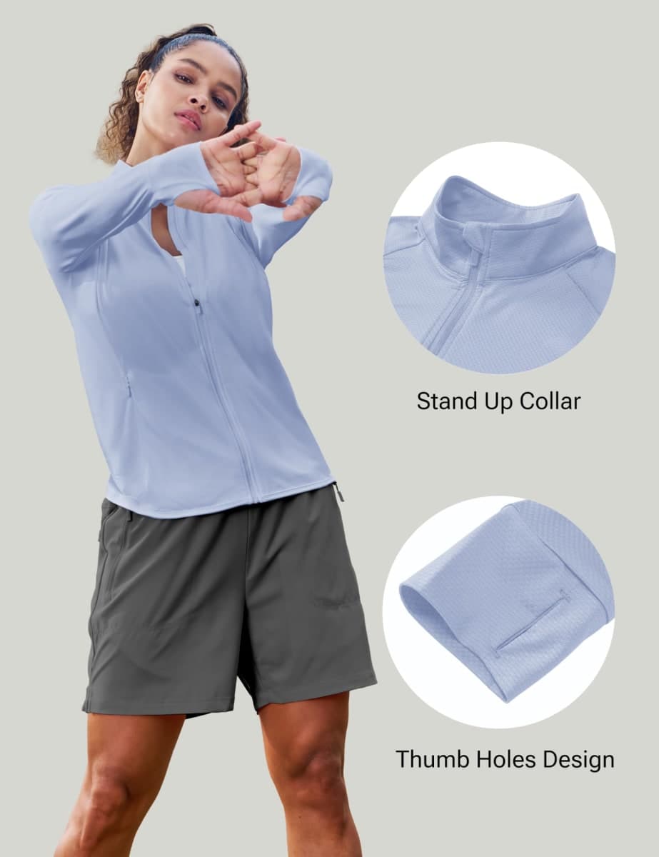 MAGCOMSEN Women's UPF 50+ Athletic Jackets Zip Up Lightweight Sun Protection Shirts with Thumb Holes Workout Pale Blue XL thumbnail 3