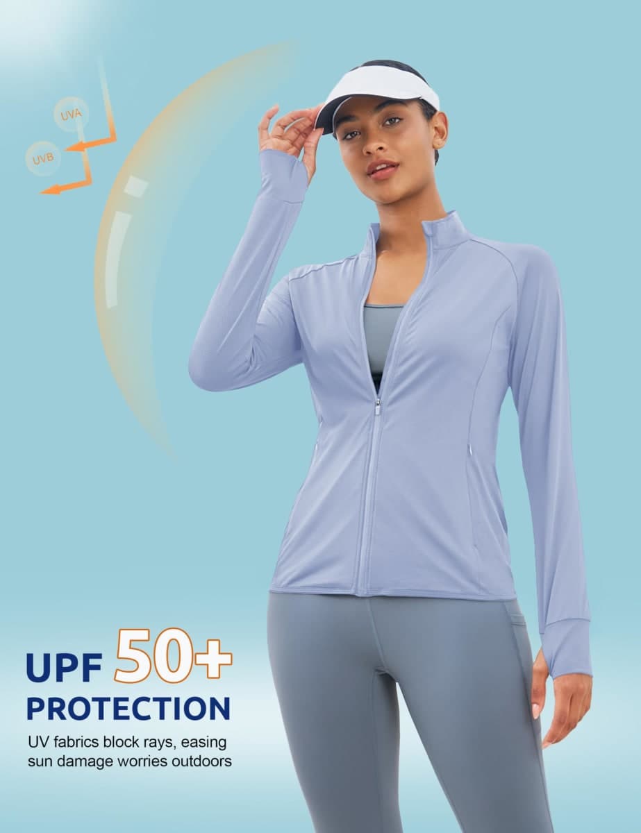 MAGCOMSEN Women's UPF 50+ Athletic Jackets Zip Up Lightweight Sun Protection Shirts with Thumb Holes Workout Pale Blue XL thumbnail 5
