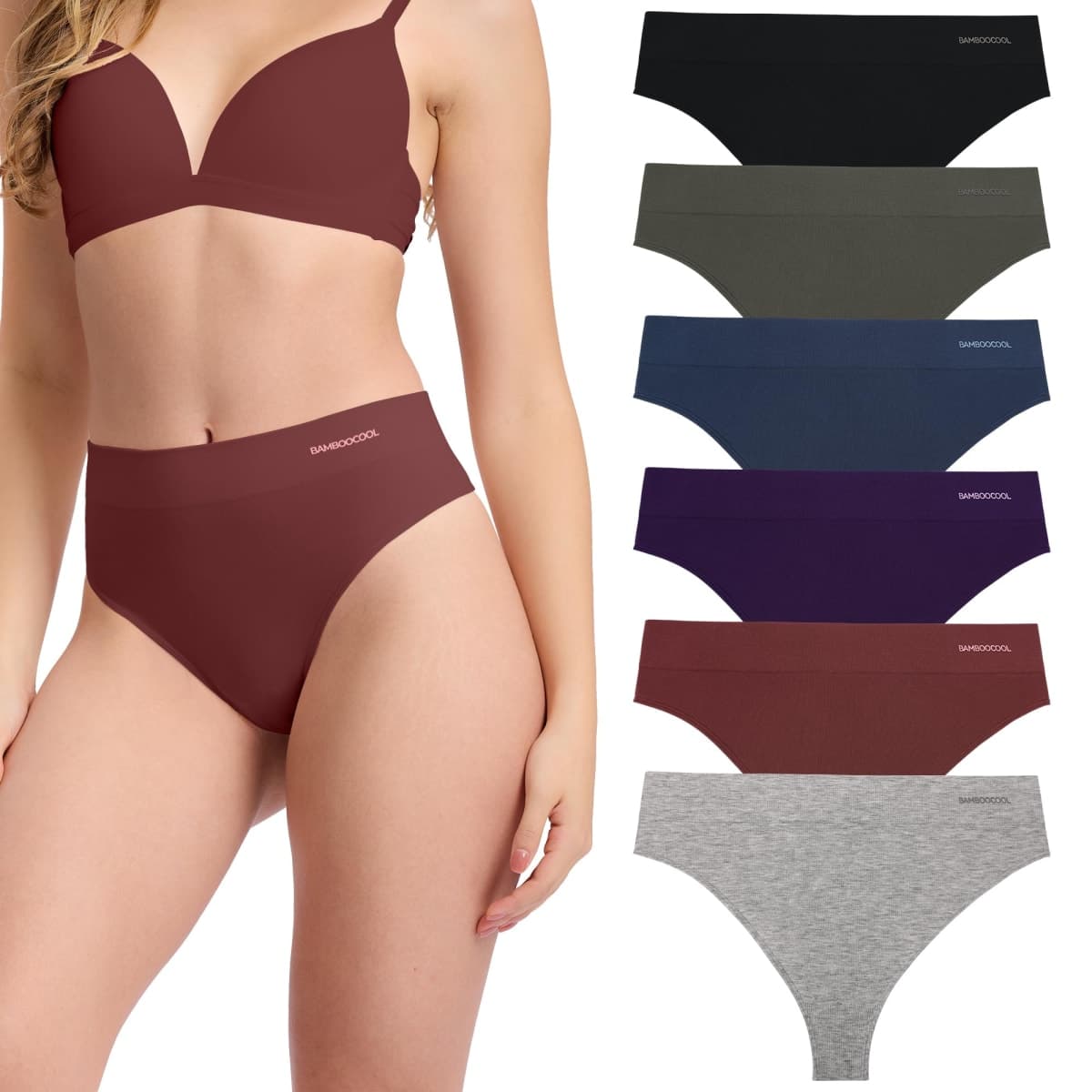 BAMBOO COOL Women's Thongs Seamless Moisture-Wicking Breathable Underwear Stretchy Panties Tagless 6 Pack, High Waist C (6-pack), Large — image 1