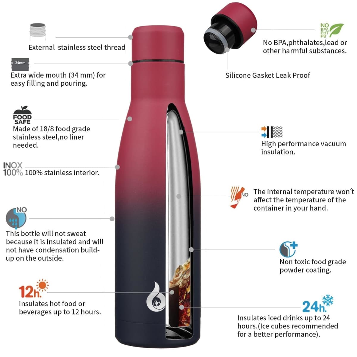 BJPKPK 17 oz Insulated Thermal Metal Water Bottle, Stainless Steel Flask thumbnail 3