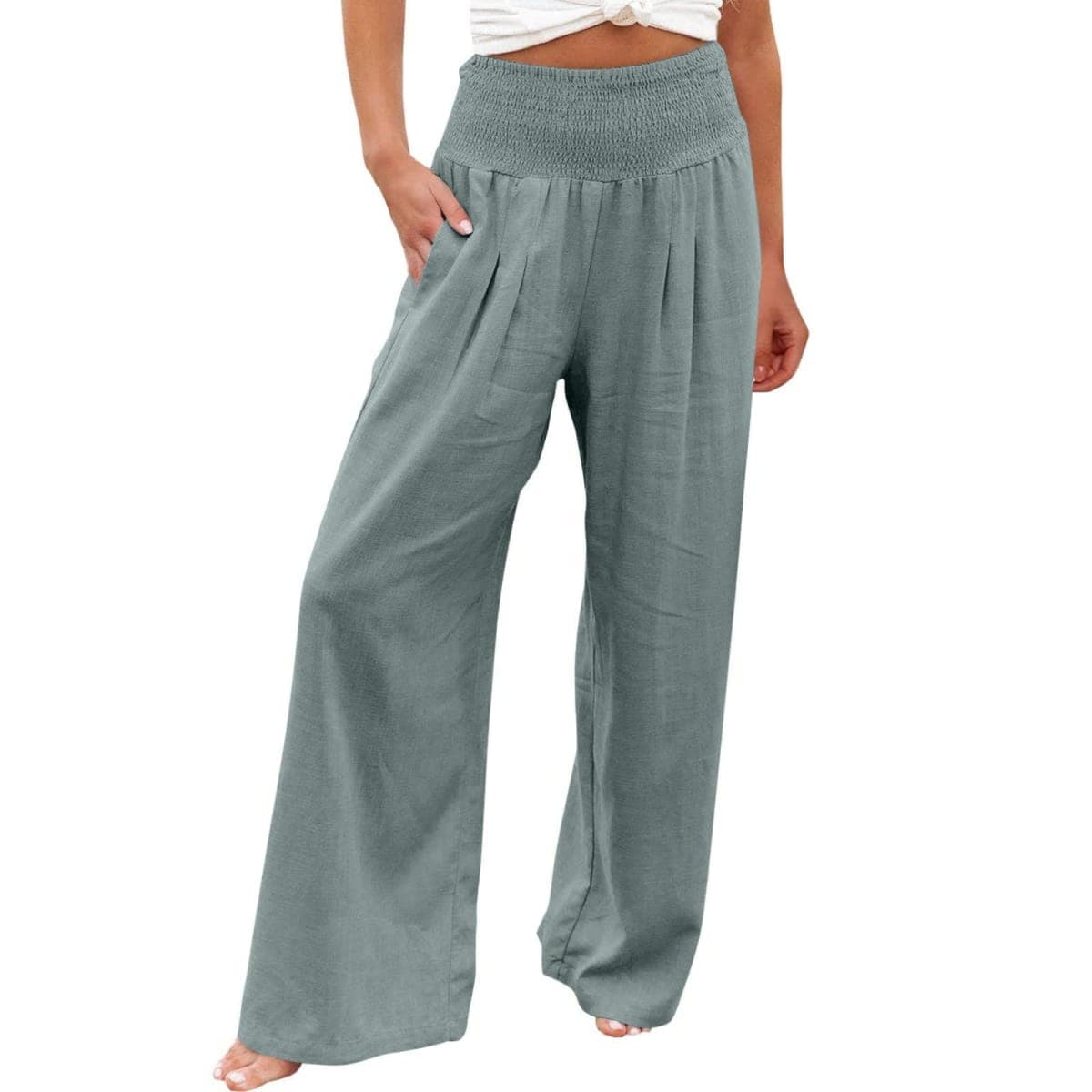 Pants Women Women Linen Palazzo Pants Casual High Waist Summer Beach Wide Leg Lounge Trouser with Pockets Travel Vacation Outfits Mint Blue