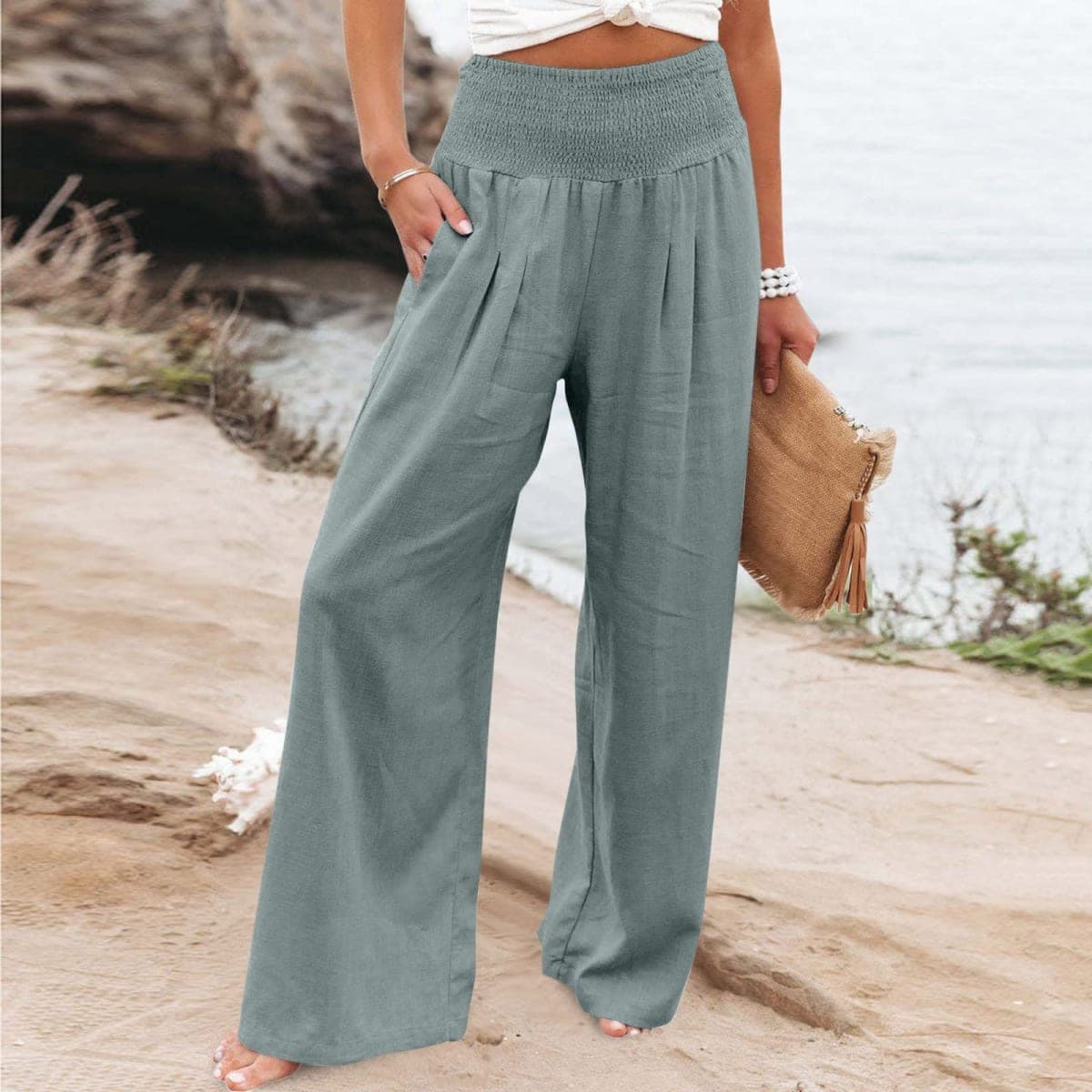 Pants Women Women Linen Palazzo Pants Casual High Waist Summer Beach Wide Leg Lounge Trouser with Pockets Travel Vacation Outfits Mint Blue thumbnail 2