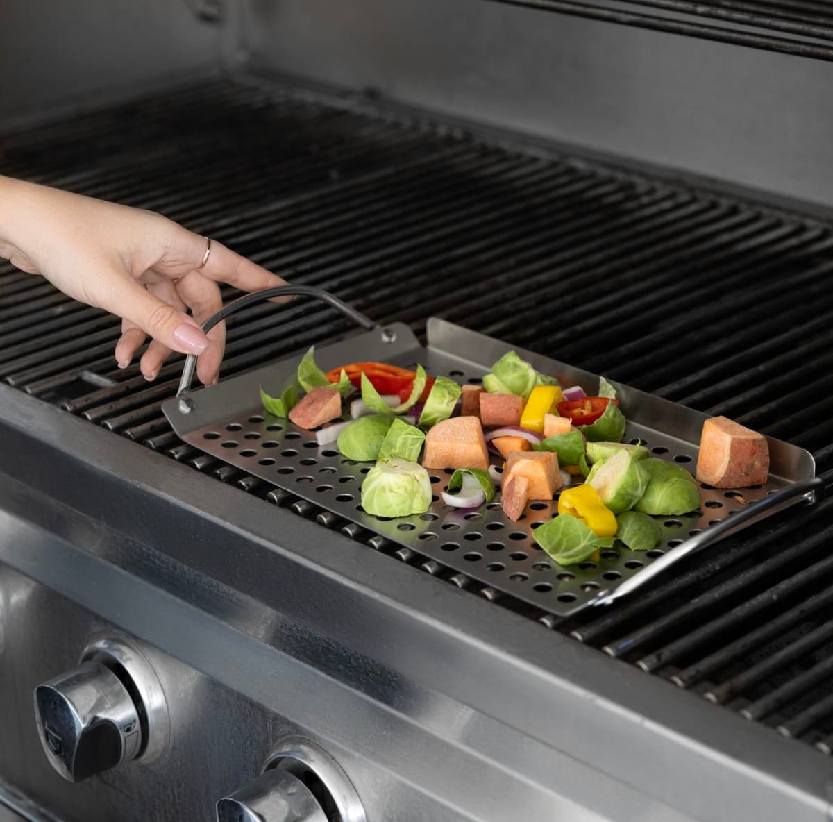 Outset Stainless Steel Grill Topper Grid, 11"x7" BBQ Pan with Handles thumbnail 4