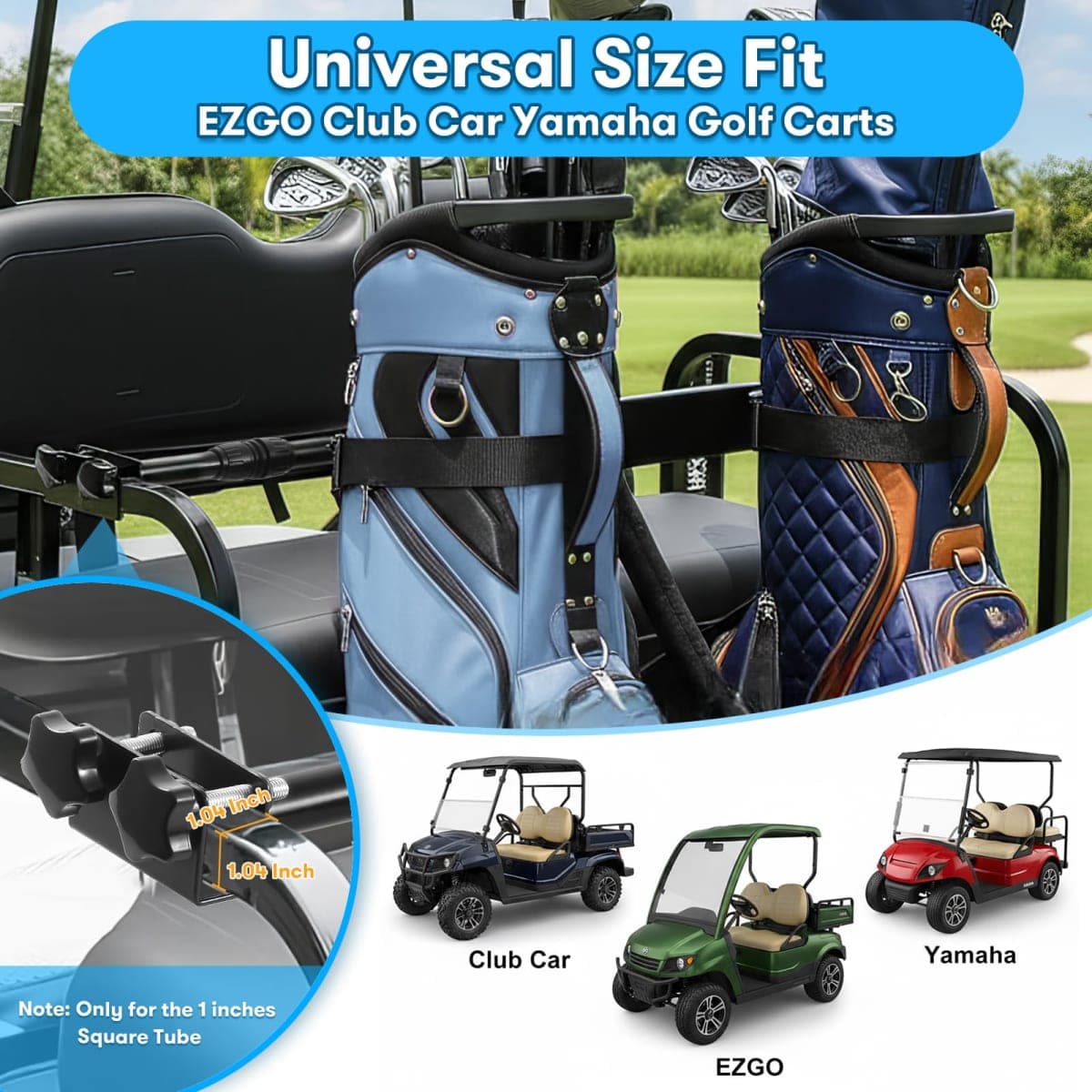 Kartols Golf cart Bag Holder Bracket No-Drilling Golf Club Holder for 2+2 Golf Cart Rear Seat for Yamaha, EZGO, Club Car, with 1 Inch Square Tube, Universal Golf cart Accessories Adjustable thumbnail 2