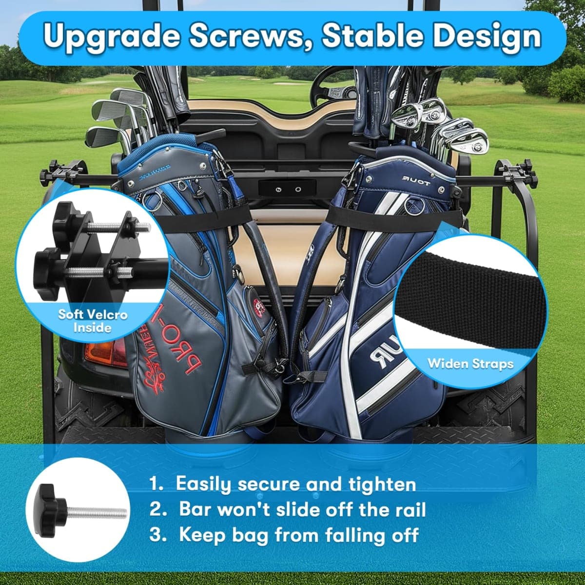 Kartols Golf cart Bag Holder Bracket No-Drilling Golf Club Holder for 2+2 Golf Cart Rear Seat for Yamaha, EZGO, Club Car, with 1 Inch Square Tube, Universal Golf cart Accessories Adjustable thumbnail 3