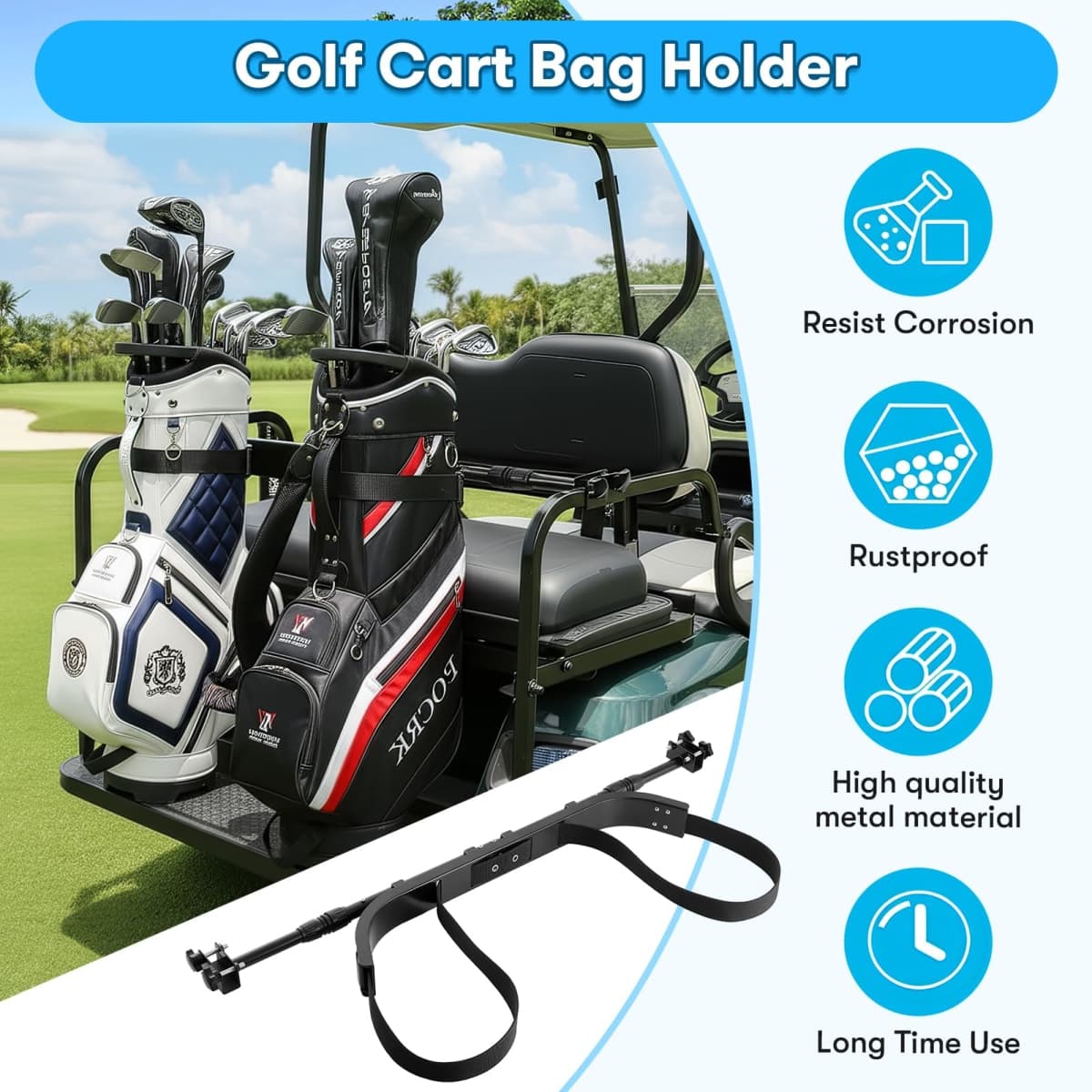 Kartols Golf cart Bag Holder Bracket No-Drilling Golf Club Holder for 2+2 Golf Cart Rear Seat for Yamaha, EZGO, Club Car, with 1 Inch Square Tube, Universal Golf cart Accessories Adjustable thumbnail 4