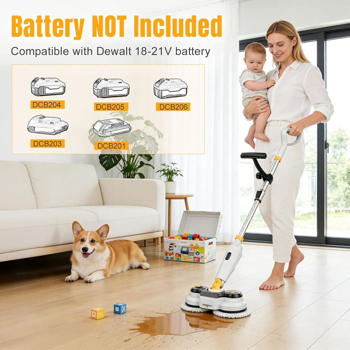 Cordless Electric Mop for Dewalt 20V Battery (NO Battery), 2 in 1 Spin Mop & Electric Floor Scrubber Machine with LED Light & Water Spray, 800 RPM Rotating Electric Mops for Floor (White Yellow) thumbnail 2