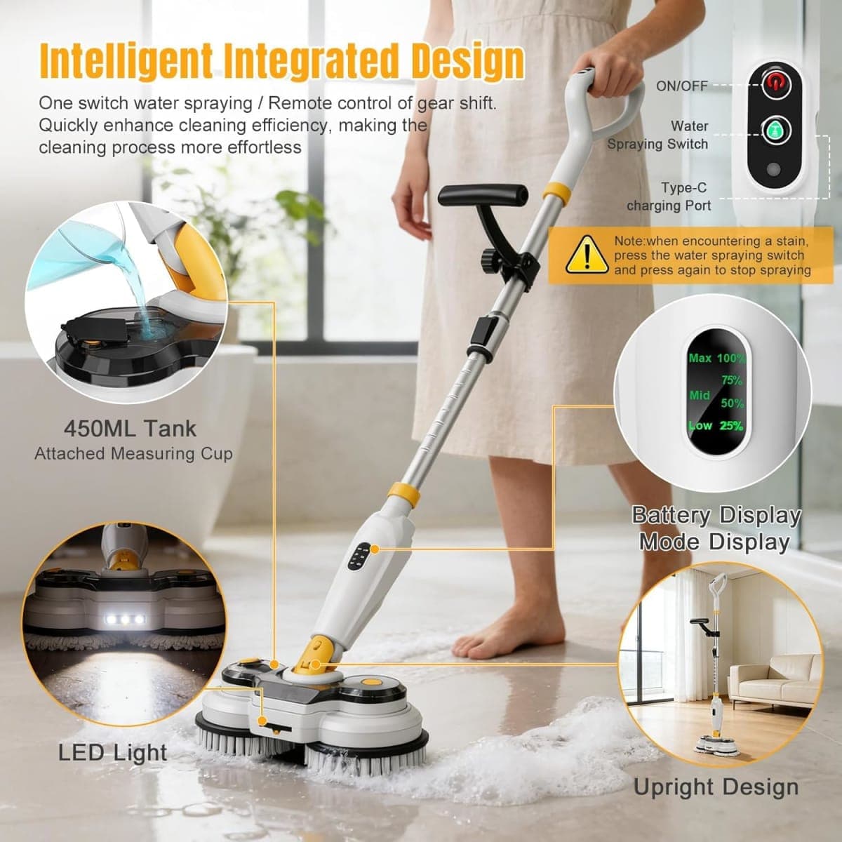 Cordless Electric Mop for Dewalt 20V Battery (NO Battery), 2 in 1 Spin Mop & Electric Floor Scrubber Machine with LED Light & Water Spray, 800 RPM Rotating Electric Mops for Floor (White Yellow) thumbnail 3