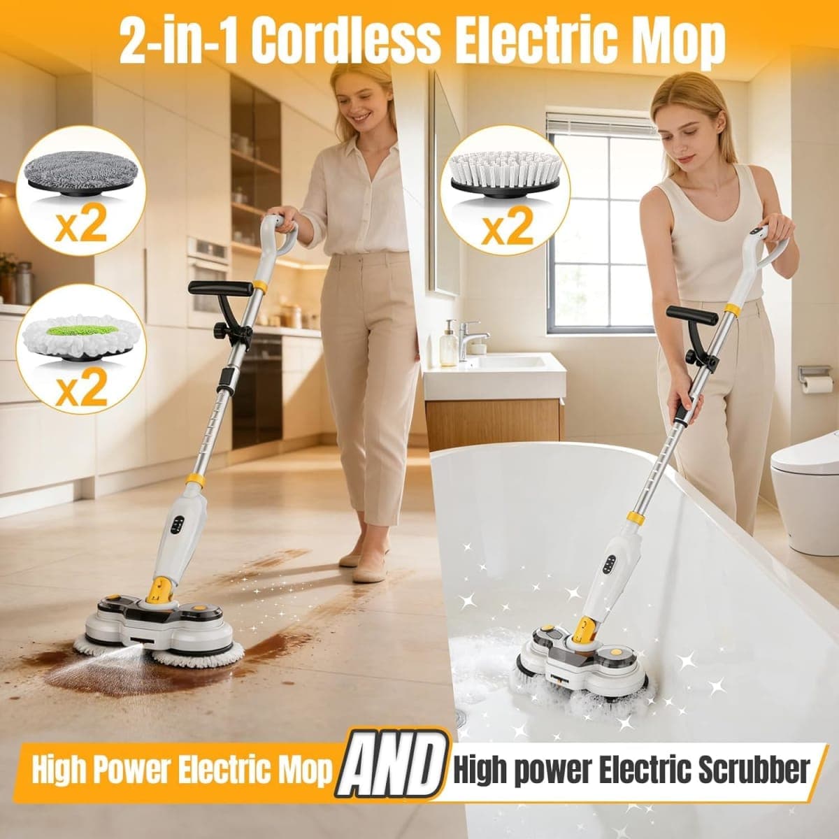 Cordless Electric Mop for Dewalt 20V Battery (NO Battery), 2 in 1 Spin Mop & Electric Floor Scrubber Machine with LED Light & Water Spray, 800 RPM Rotating Electric Mops for Floor (White Yellow) thumbnail 4