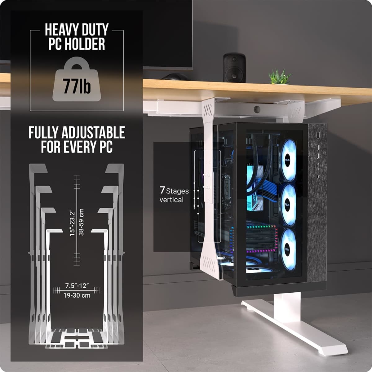 Heavy Duty Under Desk PC Holder – Up to 77 lbs Load Capacity - Adjustable Computer Tower Holder – CPU Holder Under Desk Mount - PC Holder Under Desk – Under Desk Computer Mount (White) thumbnail 3