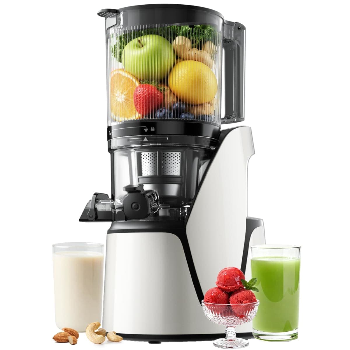 Juicer Machines, 3 Versatile Functions in 1 Cold Press Juicer - 6 Inch Extra Large Chute, 90oz Large Capacity, AC Motor for Juice, Nut Milk and Sorbet Maker, Bright White — image 1