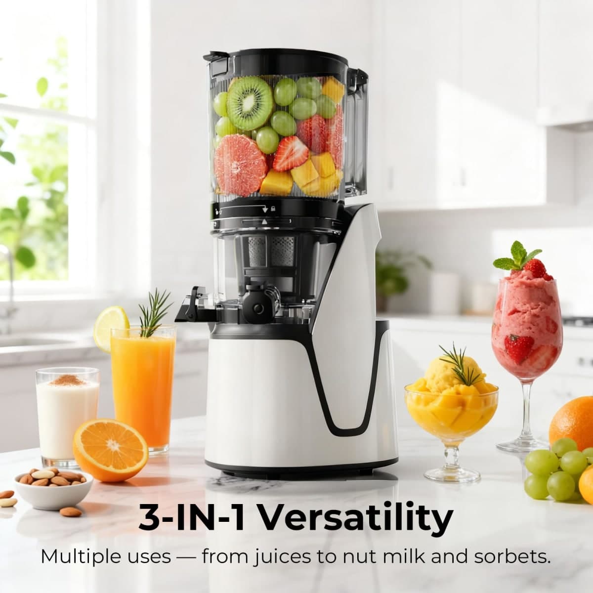 Juicer Machines, 3 Versatile Functions in 1 Cold Press Juicer - 6 Inch Extra Large Chute, 90oz Large Capacity, AC Motor for Juice, Nut Milk and Sorbet Maker, Bright White thumbnail 2