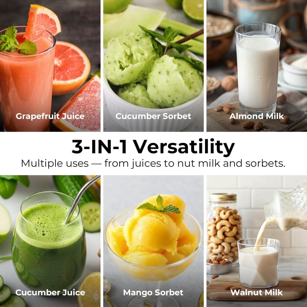 Juicer Machines, 3 Versatile Functions in 1 Cold Press Juicer - 6 Inch Extra Large Chute, 90oz Large Capacity, AC Motor for Juice, Nut Milk and Sorbet Maker, Bright White thumbnail 3