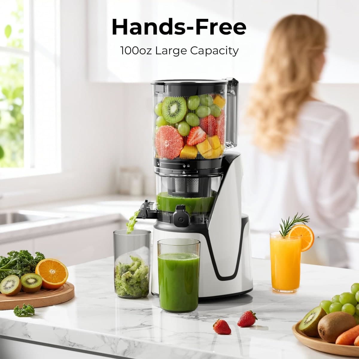Juicer Machines, 3 Versatile Functions in 1 Cold Press Juicer - 6 Inch Extra Large Chute, 90oz Large Capacity, AC Motor for Juice, Nut Milk and Sorbet Maker, Bright White thumbnail 5