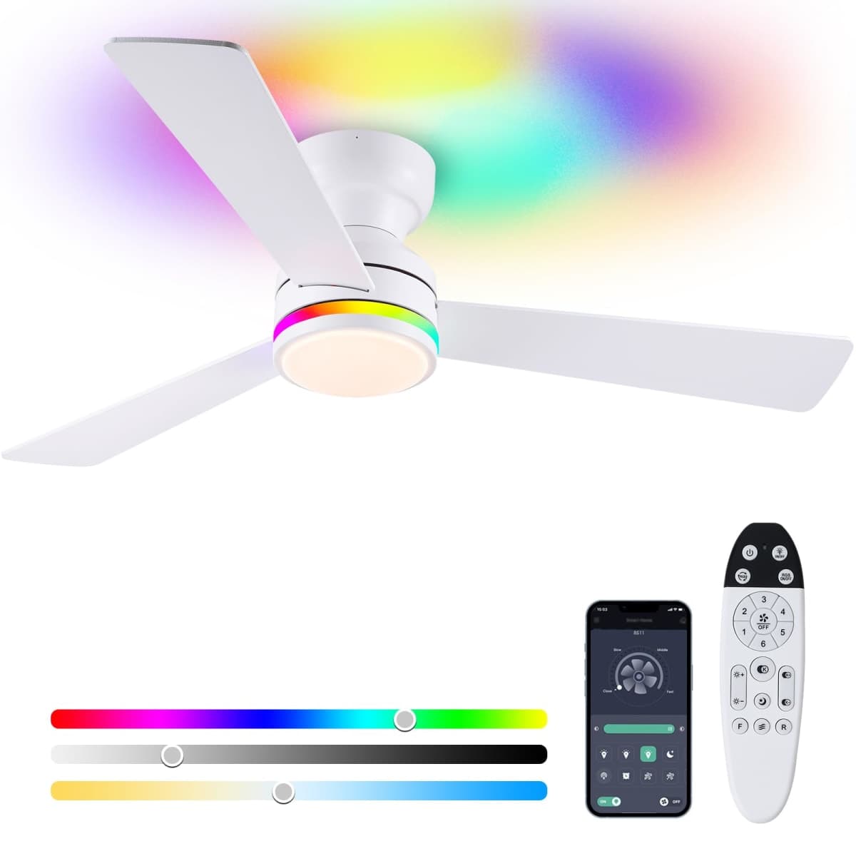 46" 3-Blade White Low Profile RGB Ceiling Fan with Light and Remote/APP